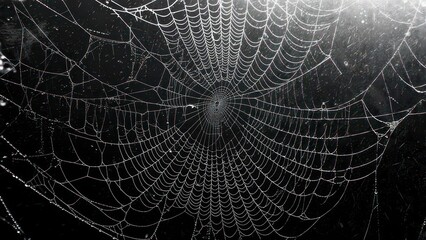 Obraz premium Rain-Kissed Spiderweb Glowing Dramatically Against a Pitch Black Night