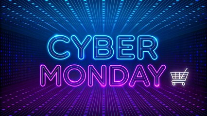 Fototapeta premium Cyber monday neon sign with shopping cart icon on glowing blue background 
