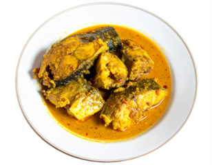 Savory fish curry dish with rich golden sauce presented in a white bowl