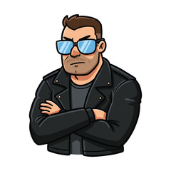 Obraz premium Cartoon man in black leather jacket and sunglasses with arms crossed – stock vector flat illustration