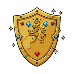 Golden shield with lion emblem and gemstones – stock vector flat illustration