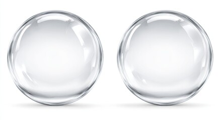 Two clear, round, glassy orbs against a white background.  The orbs are smooth, reflective, and appear to be slightly convex