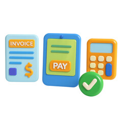 3D Plastic Render of Invoice Payment and Calculator Icons on Transparent Background