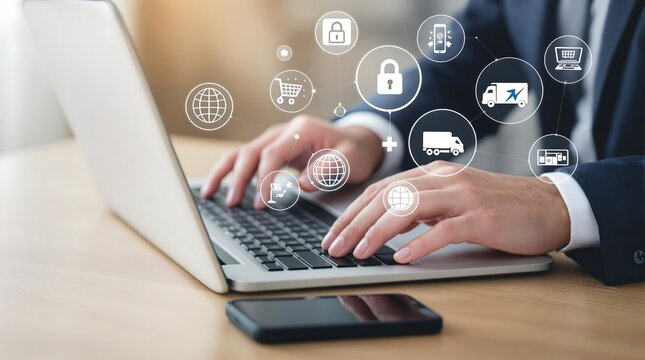 Online shopping and delivery services concept secure payment and global transactions