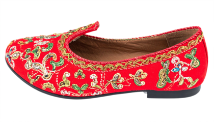 Elegant red flat shoe with intricate gold and green floral embroidery offers timeless style and comfort.