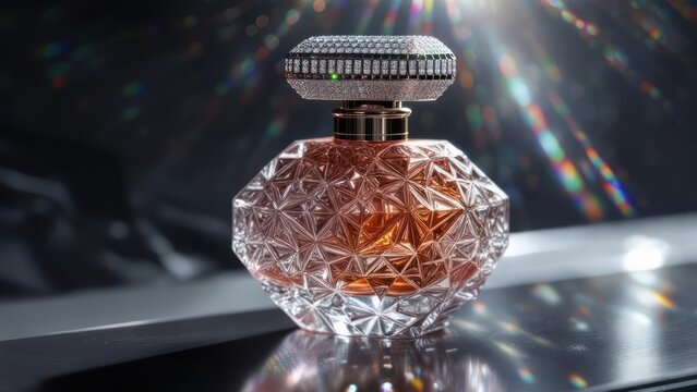 Radiant Faceted Perfume Bottle with Diamond Cap and Prismatic Light Flare