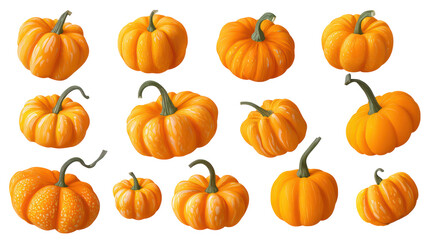 Collection of Small Orange Pumpkins on Transparent Background
