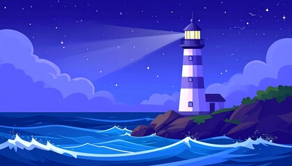 Lighthouse at night on a rocky shore.