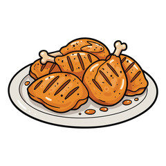 Grilled chicken drumsticks and thighs on plate with sauce – stock vector flat illustration