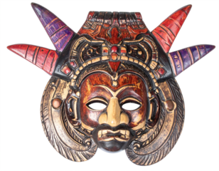 Intricate wooden tribal mask with fierce expression and striking horns evokes ancient rituals and powerful symbolism