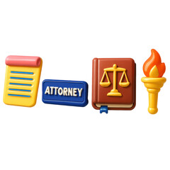 3D Plastic Style Attorney Law Book And Torch Icons On Transparent Background