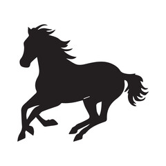 A silhouette of a horse running with its mane and tail flowing in the wind on a white background