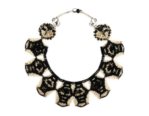 Intricate beaded choker necklace featuring striking geometric patterns and elegant metallic accents for sophisticated style