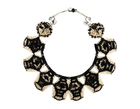 Intricate beaded choker necklace featuring striking geometric patterns and elegant metallic accents for sophisticated style