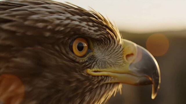 The majestic head of a wild eagle in profile, its piercing yellow eye focused in the warm golden hour light.