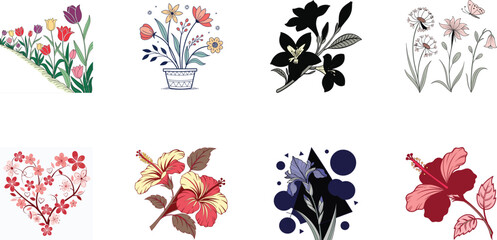 Bundle of 8 Colorful Botanical Flower Illustrations – Vintage Floral Clipart Set for Print, Design, and Digital Art Projects