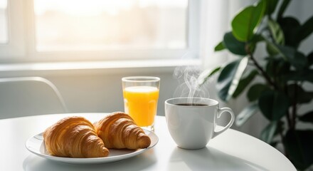 Breakfast with croissants, coffee and orange juice on a white table