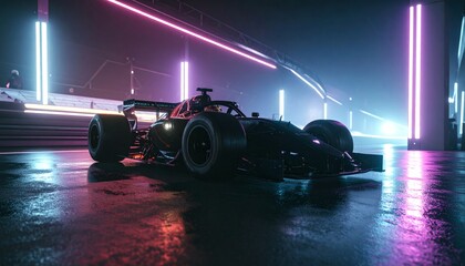 Futuristic Formula 1 Race Car Showcase, Neon-Lit Environment, Urban Setting, Digital Art, Night View, Vibrant Concepts