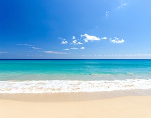 Obraz premium Serene beach scene; calm turquoise water laps gently onto a sandy shore under a vibrant blue sky with a few fluffy clouds
