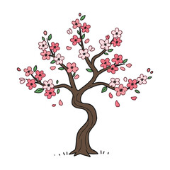 Fototapeta premium Blooming cherry blossom tree with pink flowers and green leaves in spring – stock vector flat illustration