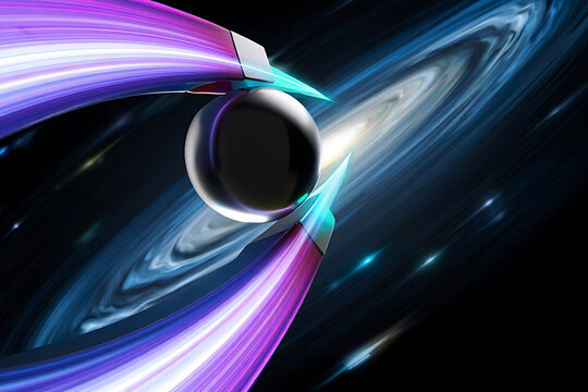 A visually stunning depiction of a black hole in deep space with a swirling accretion disk of colorful cosmic gas and light bending around its event horizon