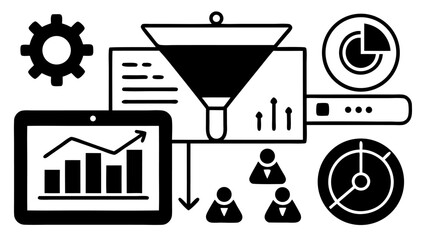Vector illustration of data analysis process with funnel, graphs, gear, and people icons depicted in black