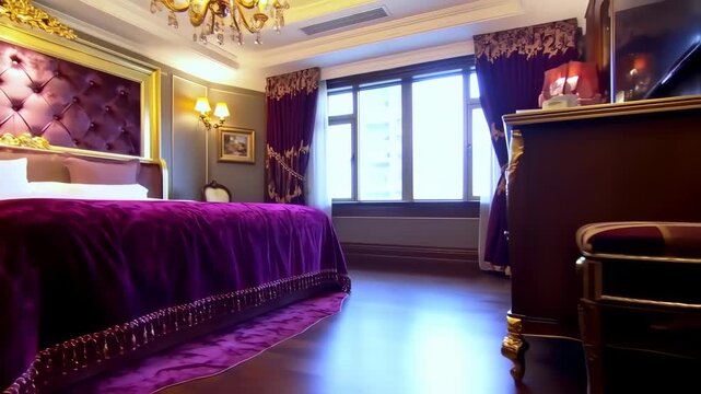 Luxurious purple bedroom interior with ornate details