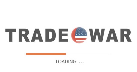 Trade war between the USA and China. Progress or loading bar. Text with spinning sphere textured by national flags. Trade, tax, tariffs and price war - Powered by Adobe