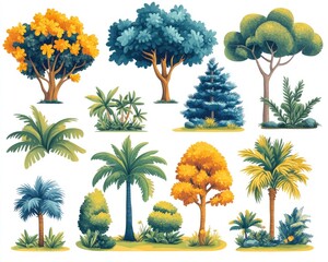 Obraz premium Assorted colorful cartoon tree and plant illustrations on a white background. Use this nature set for graphics, game assets, backgrounds, prints, and more.
