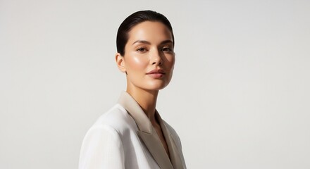 A radiant and elegant professional woman with glowing skin poses confidently in a stylish blazer, embodying success and natural beauty against a light studio backdrop.