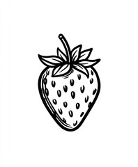 Detailed black-line drawing of a single strawberry.  Top-down view,  showing stem, leaves, and seeds/spots on the fruit.  Simple,  stylized vintage illustration