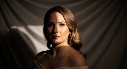 Naklejka premium Elegant woman with soft lighting and shadow play, showcasing beauty and sophistication.