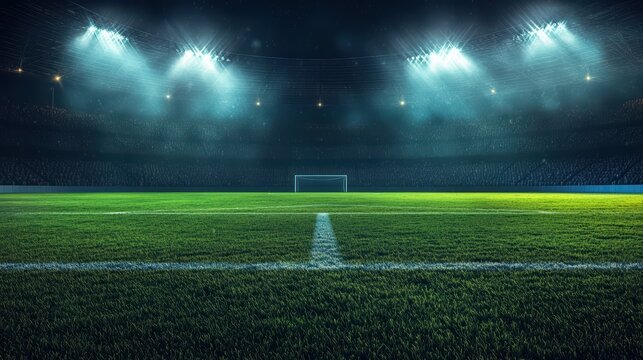 Wide view of an empty illuminated football stadium with bright floodlights and lush green field