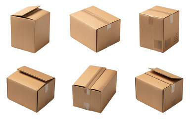 Fototapeta premium Collection of six cardboard boxes in various orientations against a transparent background perfect for shipping and packaging