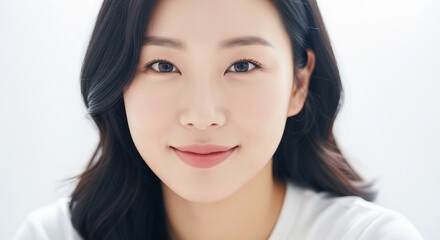 Close-up portrait of a beautiful young Asian woman smiling gently, radiating natural beauty and confidence against a bright, clean background.