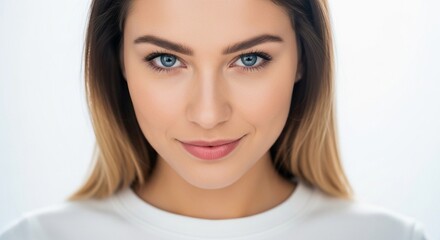 Naklejka premium Beautiful young woman with striking blue eyes and light brown hair, smiling gently against a bright, clean background.