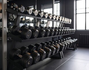 Rows of black dumbbells neatly organized on a rack in a gym