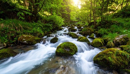 Obraz premium A crystal-clear mountain stream flowing gently over smooth moss-covered rocks, surrounded by lush green forest, soft sunlight filtering through the trees
