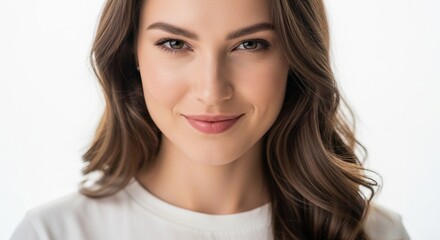Obraz premium Portrait of a Young Woman with Long Brown Hair and a Gentle Smile