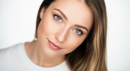 Fototapeta premium Close-up portrait of a beautiful young woman with natural makeup and blonde hair smiling gently.
