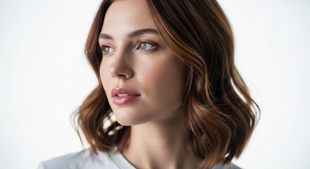 Thoughtful young woman with soft wavy brown hair looking to the side with a gentle expression and subtle makeup.