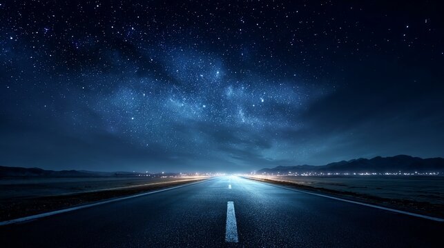 Asphalt road leads to city lights under bright starlit night sky
