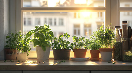 A DIY herb garden in a sunny kitchen, small potted plants of basil, rosemary, and mint on the windowsill