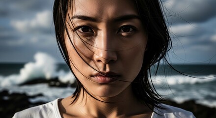 Serene Asian woman with windblown hair gazes intensely into camera with stormy ocean waves crashing behind her.