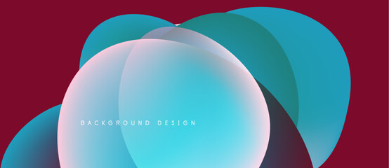 Abstract design features overlapping circles. Colors include teal, blue, purple, maroon. Minimalist style, modern aesthetic. Background is dark red.