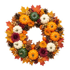 A vibrant autumn wreath featuring an assortment of pumpkins, colorful fall leaves, pine cones, and berries, perfect for seasonal decoration.