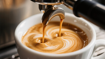 Close-up Espresso Coffee Pouring into Latte Art Cup from Machine