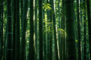 Fototapeta premium Tranquil Bamboo Forest with Sunlight Filtering Through Green Stalks