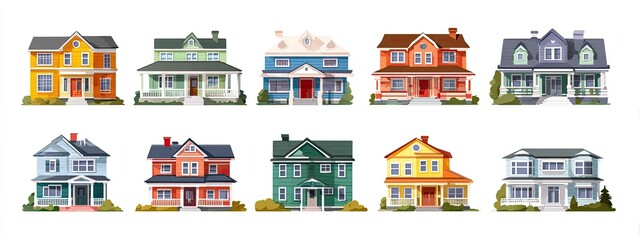 Nine colorful, stylized illustrations of classic American homes.  Front facades show various colors and architectural details like porches, varied rooflines, and windows