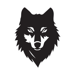 Illustration of a black wolf head with sharp features and intense gaze on a white background design element